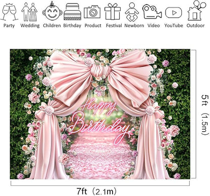 Riyidecor Happy Birthday Backdrop Polyester Fabric Pink Bow Floral Green Leaves Botanical Plant Nature Blossom Neon Flower Wall 7Wx5H Feet Girls Photography Background Birthday Photo Studio Shoot