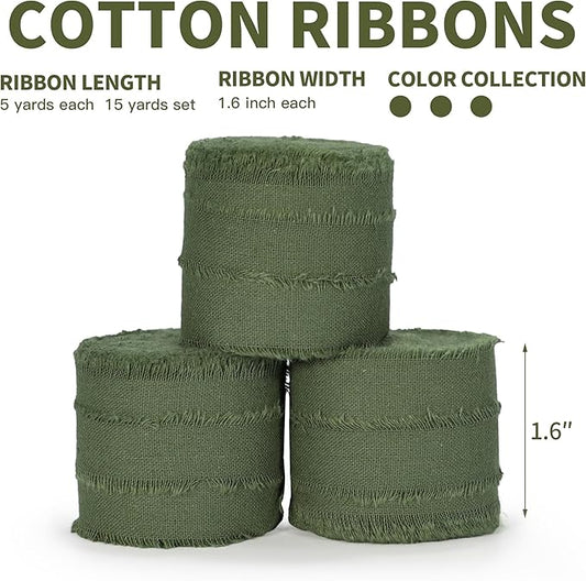 Hunter Green Ribbon 1-1/2 x 15 Yards Handmade Cotton Frayed Fringe Fabric Ribbons for Crafts Flower Bouquets Wedding Christmas Tree Home DIY Decor