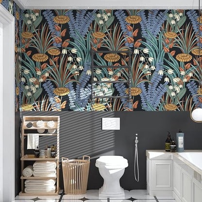 Boho Floral Peel and Stick Wallpaper Vintage Botanical Wallpaper, Self Adhesive Wall Mural 17.5" x 118" Tropical Rainforest Wall Paper for Bedroom Walls Cabinet (Black, Orange, Blue)