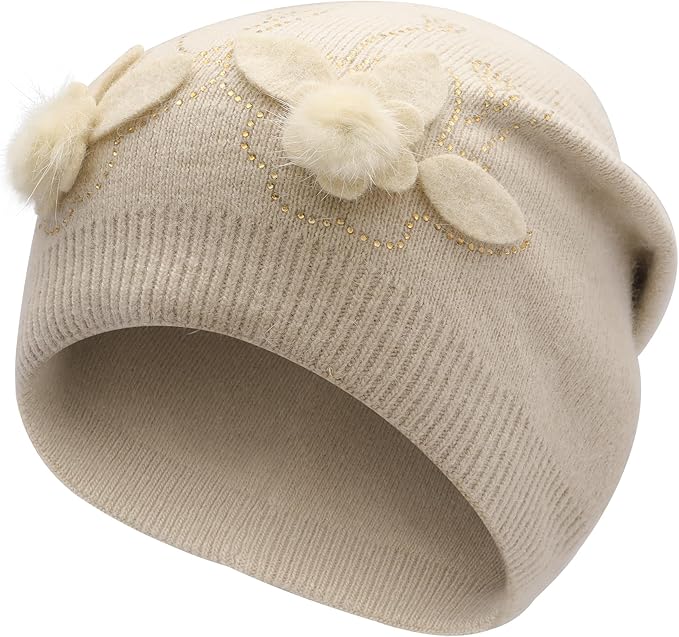 ZLYC Women Floral Slouchy Beanie Hat Double Layer Winter Knit Skull Cap