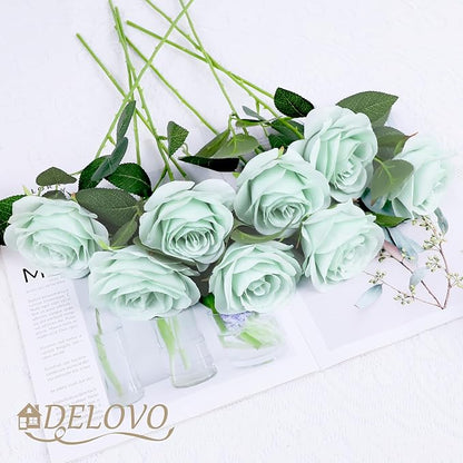 52pcs Sage Green Roses Artificial Flowers Sage Green Fake Flowers Silk Roses with Stems for DIY Wedding Bouquets Bridal Shower Centerpieces Arrangements Party Decorations