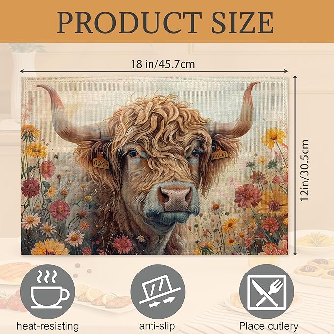 Highland Cow Fall Placemats Set of 6,Washable Heat Resistant 12×18 Inch Linen Table Mats Summer Fall Place Mats for Party Outdoor Dining Décor