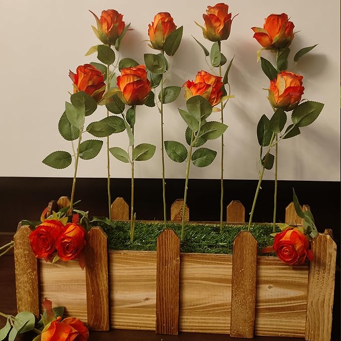 Artificial Roses 10 Pcs - Lifelike Single Stem Fake Roses with Natural Petal Texture,Fade-Resistant Silk Flowers for Wedding Decor,Home Vase Arrangements,Party Centerpieces(10, Red - Orange)