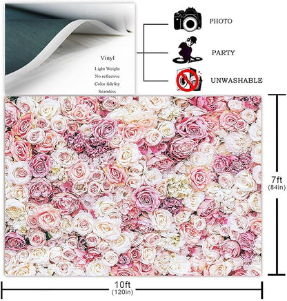 Avezano Floral Backdrop for Parties Photoshoot Pink Rose Flowers Wedding Birthday Party Baby Shower Bridal Shower Simulation Printing Flower Wall Photobooth Photography Background for Picture (10x7ft)