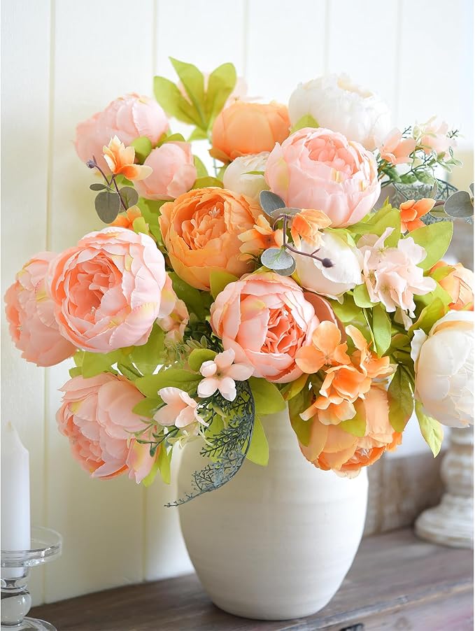 FiveSeasonStuff Harvest Keepsake Artificial Peony Bouquet – Set of 2 Faux Silk Flower Bundles with Autumn Ivory, Orange & Greenery Accents for Fall Centerpieces, Weddings & Home Decor – 1.6 ft Stems