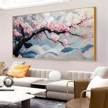 Japanese Cherry Blossom Canvas Wall Art, Sakura Tree Canvas Print, Pink Floral Pictures, Cherry Blossom Tree Wall Art, Flower Branch Decor, Nature Prints for Living Room (Gold Framed, 71"x35" | 180x90cm)