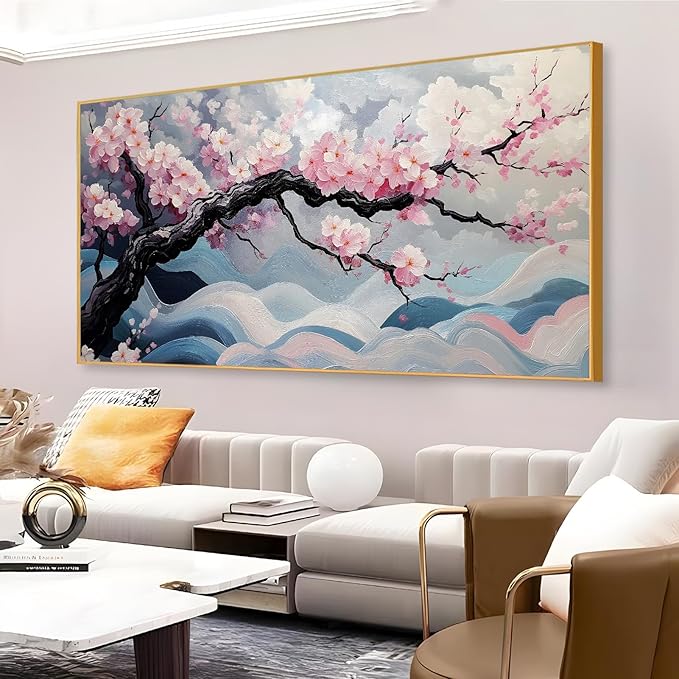 Japanese Cherry Blossom Canvas Wall Art, Sakura Tree Canvas Print, Pink Floral Pictures, Cherry Blossom Tree Wall Art, Flower Branch Decor, Nature Prints for Living Room (Black Framed, 47"x23" | 120x60cm)