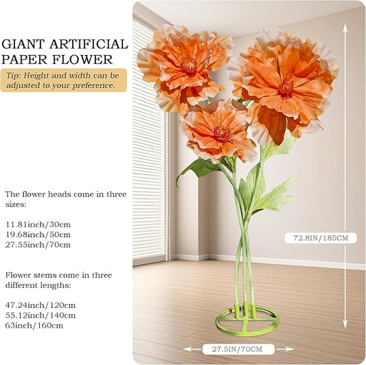 Giant Flowers for Decoration, 3pc Wedding Reception Essential Decoration, Big Artificial Flower with Stems and Stands for Birthday Ceremony Party Event Mall Window Display Decorations (Orange)