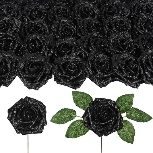 Fake Black Roses 30PCS Glitter Roses 3.15" Artificial Foam Flowers for Wedding Christmas DIY Wreath Home Table Floral Arrangement(Black)