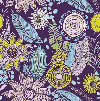 Purple Boho Wallpaper Peel and Stick,Vintage Yellow Floral Contact Paper, Botanical Flowers Retro Bohemia Wall Paper Self Adhesive Removable Waterproof for Walls Shelves Cabinet Table 17.5" x 118"