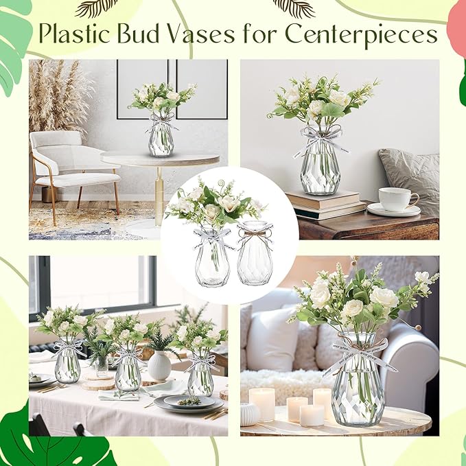 Bokon 6 Packs Small Plastic Bud Vases in Bulk with Gift Wrapping Ribbon, Vases for Flower, Wedding Centerpieces for Home Decor, Living Room, Office Decoration, Housewarming Party Gift (Clear)