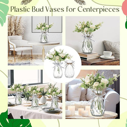 Bokon 6 Packs Small Plastic Bud Vases in Bulk with Gift Wrapping Ribbon, Vases for Flower, Wedding Centerpieces for Home Decor, Living Room, Office Decoration, Housewarming Party Gift (Clear)