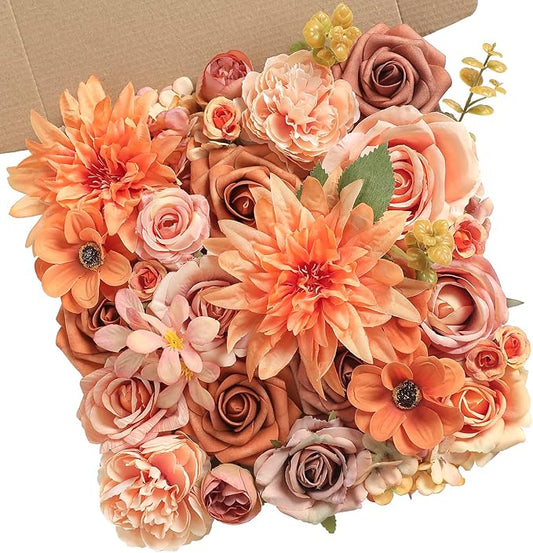 Orange Artificial Flowers Box Set for DIY Bridal Bouquets Wedding Shower Decorations Fake Floral Arrangements for Party Table Centerpieces Home Decor Indoor Outdoor