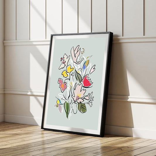 Abstract Floral Framed Wall Art for Bedroom, Colorful Botanical Canvas Prints, Hummingbird Painting Picture, Flower and Bird Wall Decor for Living Room Apartment Dorm Gallery, Hand-drawn Style Canvas Wall Art, Gifts for Friends & Family – 24" x 18"