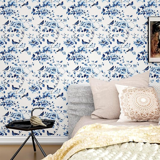 Blue Bird Wallpaper Peel and Stick, Vintage Floral Contact Paper 17.5in x32.8ft Modern Wall Mural Boho Wall Paper Self Adhesive Removable Waterproof for Bathroom Bedroom Cabinet Drawer Kitchen Decor