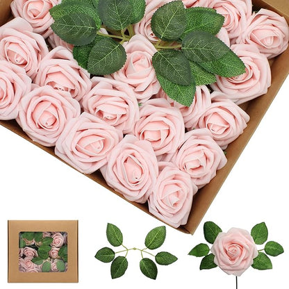 50PCS Artificial Flowers Blush Pink Roses Real Looking Foam Fake Roses with Leaves and for DIY Wedding Bouquets Bridal Shower Centerpieces Party Decorations (Blush Pink)