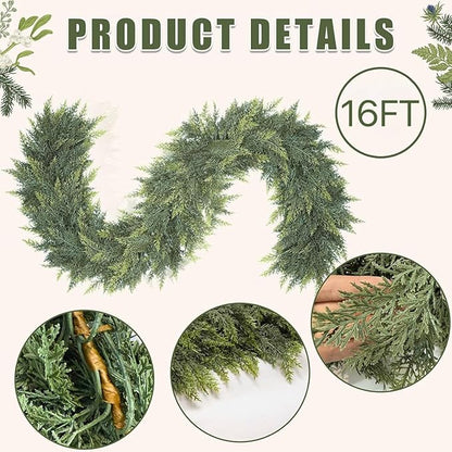 16 Ft Christmas Cedar Garland, Realistic Faux Pine Garlands, Green Artificial Greenery Garland for Winter Home, Mantle, Fireplace, Indoor, Outdoor Christmas Decorations (1Pcs)