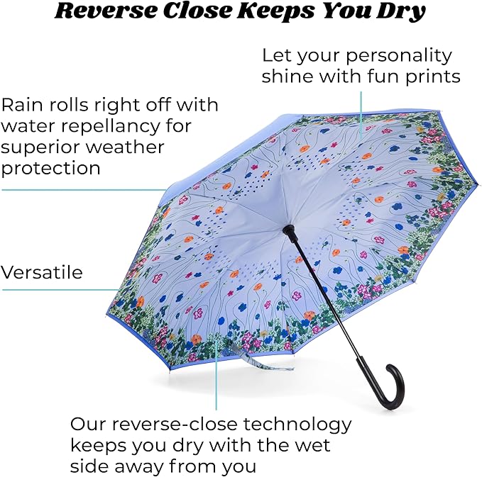 Totes InBrella - Reverse Close Umbrella with Invisible Water Repellent Coating - Auto Close, Inverted, Dripless, and Stormproof for Rainy Weather