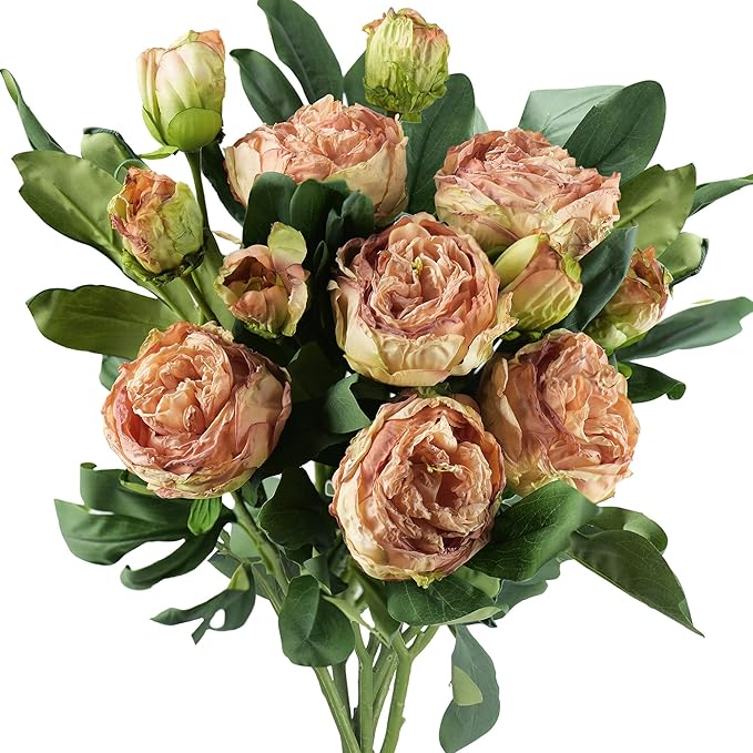 FiveSeasonStuff Vintage Dusty Coral Pink Peonies – Realistic Artificial Silk Flowers with Dry-Look Petals, 6 Stems for Rustic Antique Home & Wedding Bridesmaids Bouquet Bridal Showers