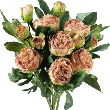 FiveSeasonStuff Vintage Dusty Coral Pink Peonies – Realistic Artificial Silk Flowers with Dry-Look Petals, 6 Stems for Rustic Antique Home & Wedding Bridesmaids Bouquet Bridal Showers