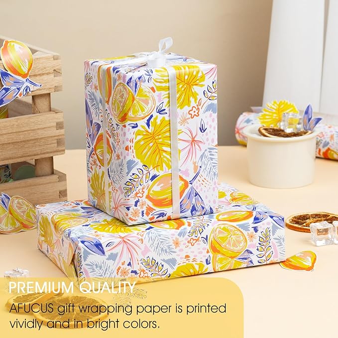 Afucus Gift Wraping Paper, Tropical Fruit Lemon Monstera Leaves, Cute Mini Wrapping Paper Rolls for Birthday Parties, Graduation, Baby Showers, Holidays (17 Inch X 33 Feet)
