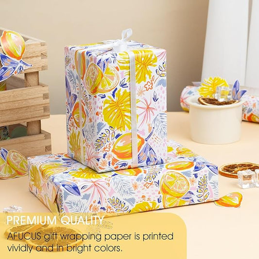 Afucus Gift Wraping Paper, Tropical Fruit Lemon Monstera Leaves, Cute Mini Wrapping Paper Rolls for Birthday Parties, Graduation, Baby Showers, Holidays (17 Inch X 33 Feet)