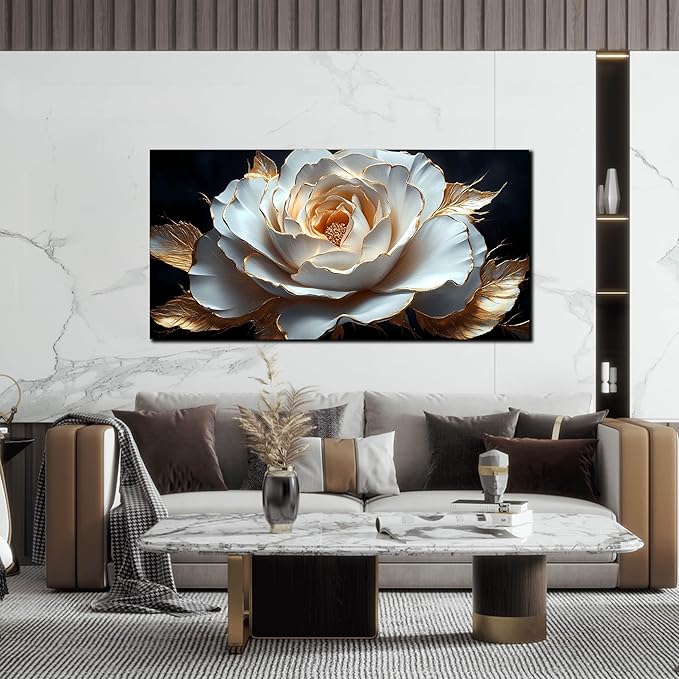 Large White Flower Canvas Wall Art for Living Room Bedroom Home Office Black and White Flower Picture Modern Canvas Prints Framed Wall Decor Artwork Size 24x48