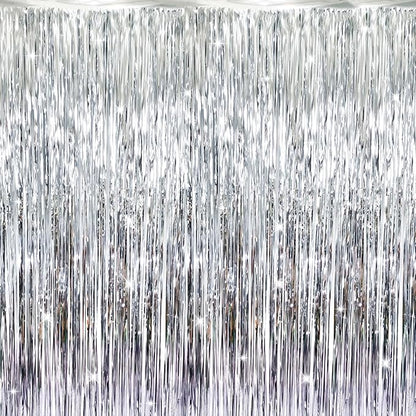 GOER 3.2 ft x 8.2 ft Metallic Tinsel Foil Fringe Curtains Party Photo Backdrop Party Streamers for Birthday,Graduation,New Year Eve Decorations Wedding Decor (Silver,1 Pack)