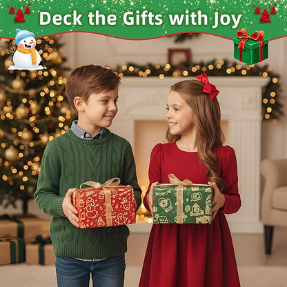 Anvure Christmas Wrapping Paper (4 Rolls: 93 sq. ft. ttl.) Kraft Set Featuring Santa Claus, Snowman & Xmas Presents, Red & Green Holiday Designs for All Gift Wrap Needs 17 Inch X 16.4 Feet Per Roll