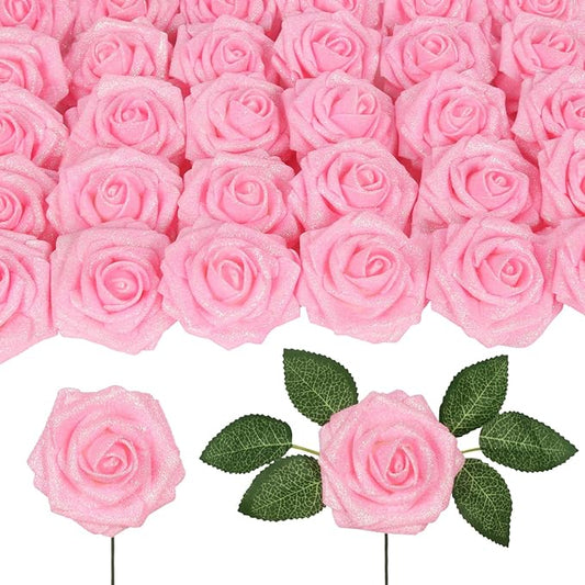Glitter Roses 30PCS Pink Roses Artificial Flowers 3.15" Fake Roses with Stems for DIY Wreath Wedding Christmas Home Party Decor(Light Pink)