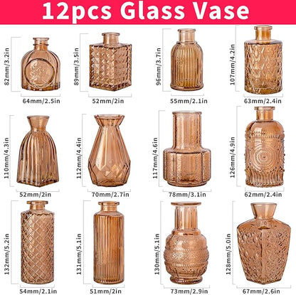 Gold Amber Glass Bud Vase Set of 12, Small Vintage Flower Bottle Petite Glass Flower Vase for Floral Arrangements, Decorative Centerpiece,Table Decor,Home Wedding Party