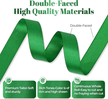 Green Satin Ribbon, Double Faced 5/8 Inch X 25 Yards Green Ribbon, Premium Satin Ribbon for Gift Wrapping, Crafts, Hair Bow Making, Sewing, Flower Bouquet, Wedding Party Decor