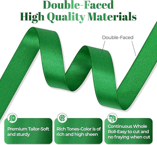 Green Satin Ribbon, Double Faced 5/8 Inch X 25 Yards Green Ribbon, Premium Satin Ribbon for Gift Wrapping, Crafts, Hair Bow Making, Sewing, Flower Bouquet, Wedding Party Decor