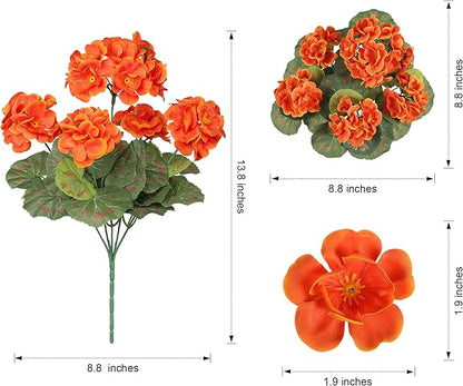 Fake Geraniums Artificial Flowers for Outdoors Fall Autumn Decoration, 6 Bundles Silk Geraniums UV Resistant Look Real Orange Faux Flowers Plants for Front Door Garden Planter Patio Balcony Yard Home