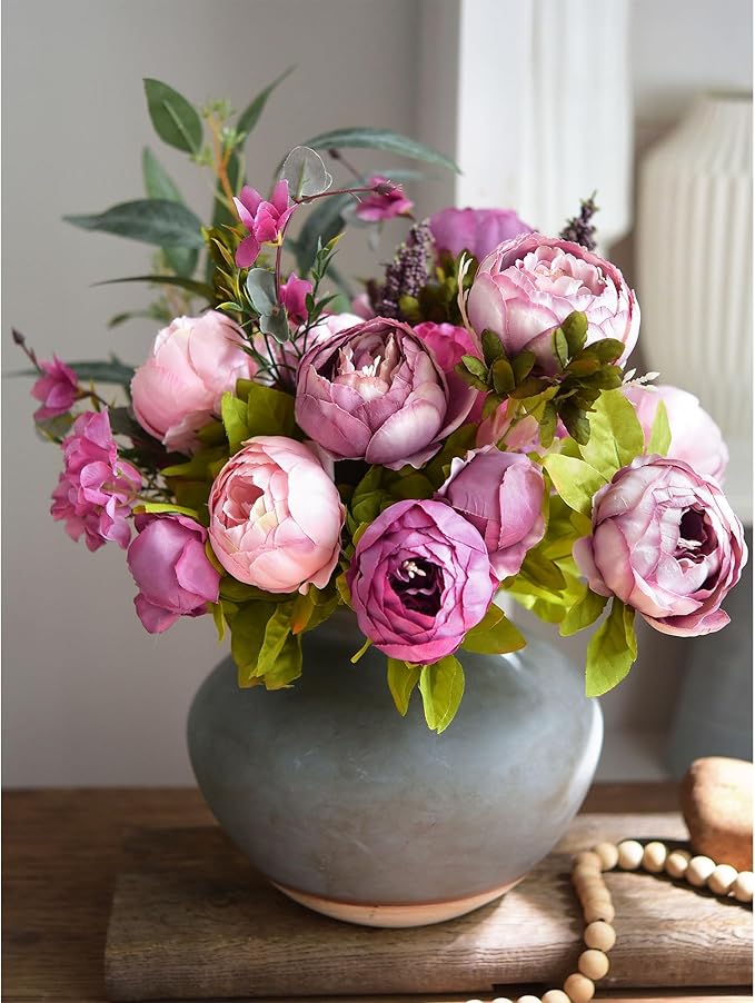 FiveSeasonStuff Soft Peach Pink and Magenta Red Vintage Artificial Peonies Silk Flowers and Hydrangeas for Wedding Bridal Home Decor – Beautiful Floral Centerpiece Bouquet (Celestial Beauty)