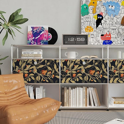 Extra Long Dark Floral Peel and Stick Wallpaper - 17.5In x 32.8Ft Vintage Botanical Self-Adhesive Vinyl Contact Paper for Cubicles Drawers Cabinets Leaf Fruit Pattern Black Yellow Gold Orange