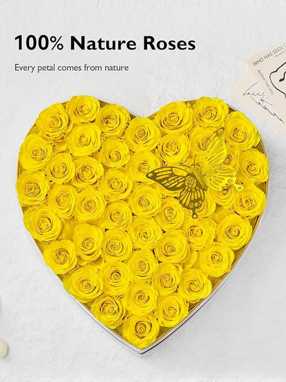 Eterfield 47 Forever Flowers in Heart Shape Box, Preserved Roses That Last a Year Preserved Flowers Birthday Gifts for Her Mom Women Wife Anniversary Valentines Day Mothers Day Christmas, Yellow