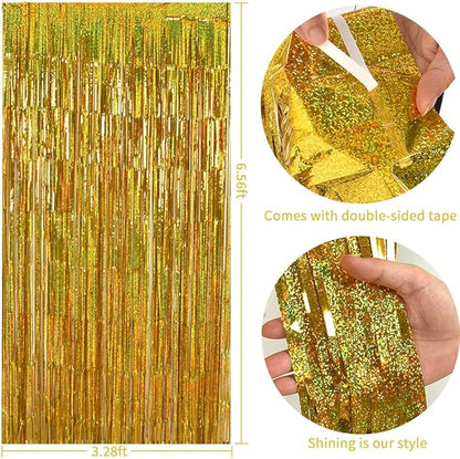 TONIFUL 3Pcs Laser Gold Door Streamers, Metallic Foil Fringe Curtains for Birthday, Christmas, New Year, Bachelorette, Graduation Parties (9.9ft x 6.6ft)