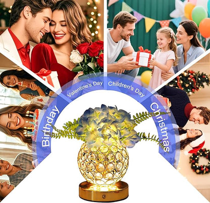 Blue Artificial Hydrangea Flower Lamp, 3 Color Dimmable Touch Control Night Light, Christmas Birthday Gifts for Women, Artificial Hydrangea Flower Table Lamp Decor for Bedroom Bar Coffee Shop Wedding