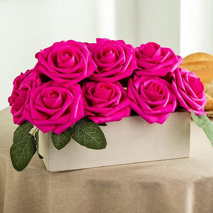 Hot Pink Foam Rose 50pcs Real Looking Fake Purple Rose with Stems Leaves for Home Decoration Party Garden Centerpieces DIY Wedding Bouquets（Hot Pink&Purple）