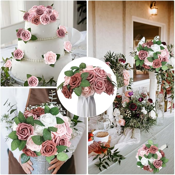 100 Pieces Artificial Foam Rose Flowers Faux Bouquet with Leaves and Stems for DIY Wedding Bouquets Centerpieces Bridal Shower Party Valentine Home Decorations(Shades of Dusty Rose)