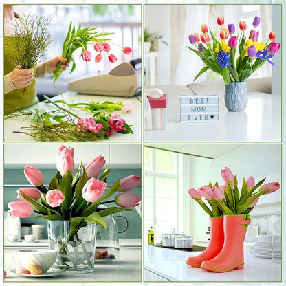 Janinka 100pcs Artificial Tulip Flowers Fake PU Tulips Faux Latex Bouquet Flower Centerpieces Arrangement Floral for Mother Day Wedding Spring Decorations (Light Pink)
