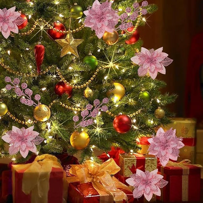 24 Pcs Pink Boxed Christmas Poinsettia Flowers Set, 16 Pcs Artificial Poinsettias with Clips, 8 pcs Glitter Christmas Tree Ornaments Berry Stems for Wedding Home Holiday Xmas New Year Decorations