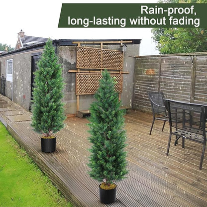 Hananona 2 Pcs 4 Ft Artificial Topiary Cedar Trees, Outdoor Faux Pine Shrubs, Realistic Fake Greenery Plants UV Resistant Cypress Trees for Christmas Porch Front Door Decor (2, Green, 4 Ft)