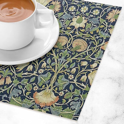 William Morris Flower Placemats Set of 6, Vintage Botanical Plant Place Mats, Heat Resistant Non Slip Cotton Linen Dining Table Mats for Home Kitchen Party 18x12 Inch