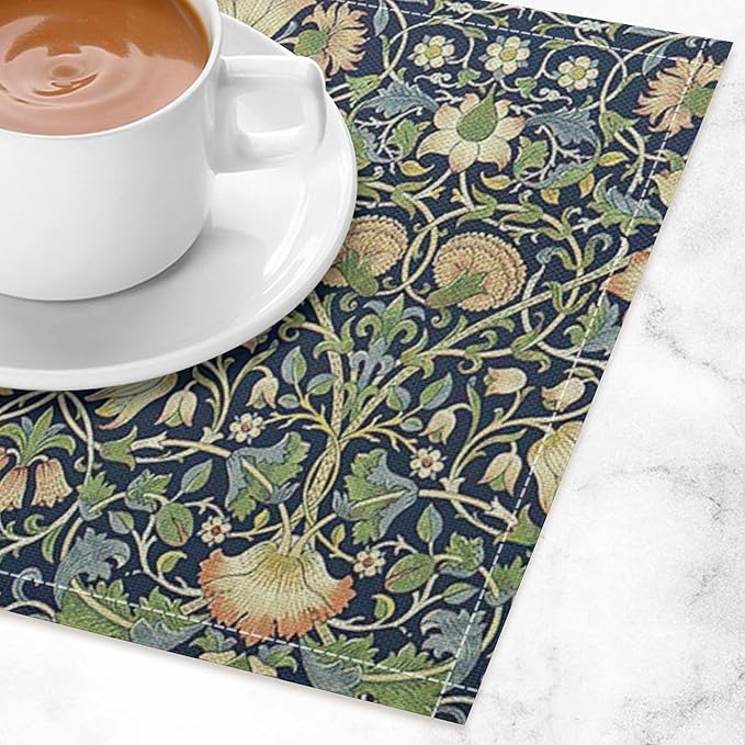 William Morris Flower Placemats Set of 4, Vintage Botanical Plant Place Mats, Heat Resistant Non Slip Cotton Linen Dining Table Mats for Home Kitchen Party 18x12 Inch