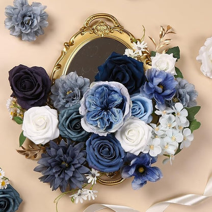 Dusty Blue Roses Silk Artificial Flowers Combo for DIY Bouquet Centerpieces Floral Arrangements, Navy Blue White Faux Flower with Stem Multi Use Wedding Party Home Decorations