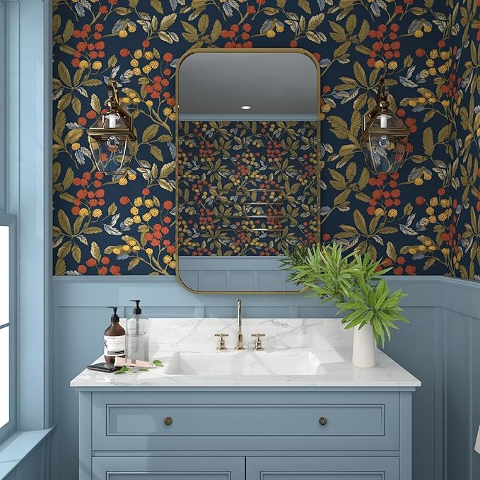 Vintage Wallpaper Peel and Stick, Navy Blue Floral Contact Paper 17.5" x 393.7", Dark Leaf Botanical Wall Paper Self Adhesive Waterproof Removable for Room Shelves Cabinet Drawer Table Decor