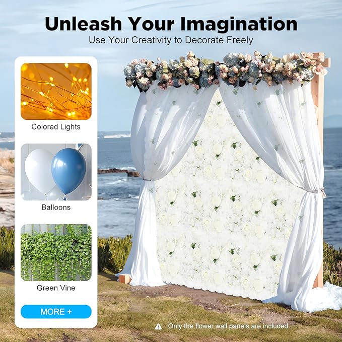 12Pcs Artificial Flower Wall Panel,3D 15" X 15" Silk Rose Mat Artificial Flower Wall,Decorative Backdrop Flower Panels Wall for Wedding Party Stage Baby Shower Decor (White)