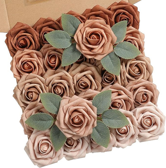 Artificial Flowers Real Looking Dusty Rose Colors Foam Fake Roses with Stems 25pcs for DIY Wedding Bridal Shower Centerpieces Tables Decorations Party